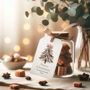 Elegant Watercolor Pink & Green Christmas Tree Gift Tags