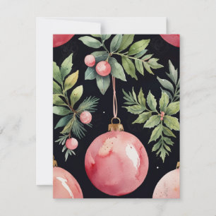 Elegant Watercolor Pink Greenery Bauble Christmas Holiday Card