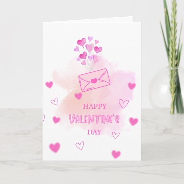 Elegant Watercolor Pink Hearts Valentine’s Day Gre Card (Front)