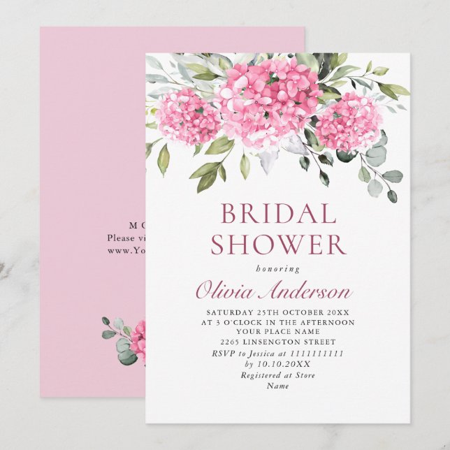 Elegant Watercolor Pink Hydrangea BRIDAL SHOWER Invitation (Front/Back)