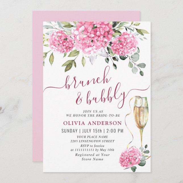 Elegant Watercolor Pink Hydrangea BRIDAL SHOWER Invitation (Front/Back)