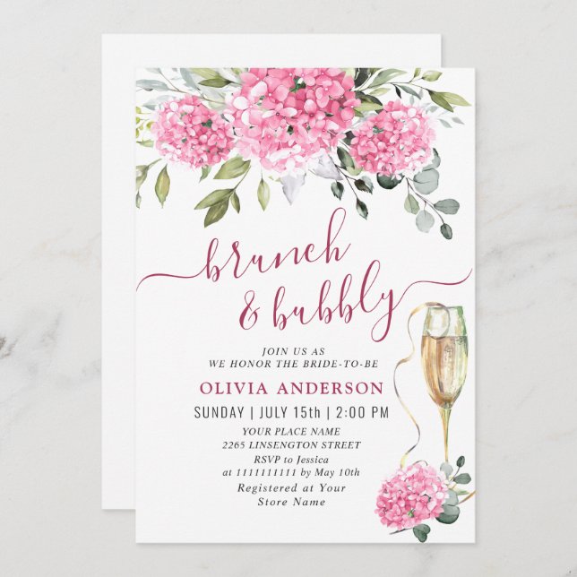 Elegant Watercolor Pink Hydrangea BRIDAL SHOWER Invitation (Front/Back)