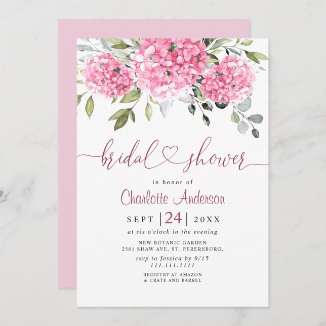 Elegant Watercolor Pink Hydrangea BRIDAL SHOWER Invitation (Front/Back)