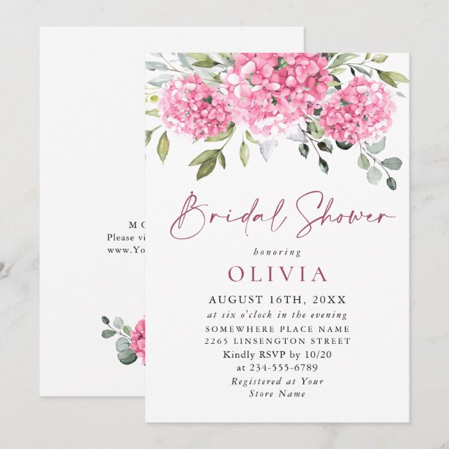 Elegant Watercolor Pink Hydrangea BRIDAL SHOWER Invitation (Front/Back)