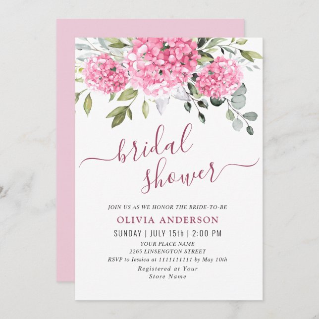 Elegant Watercolor Pink Hydrangea BRIDAL SHOWER Invitation (Front/Back)