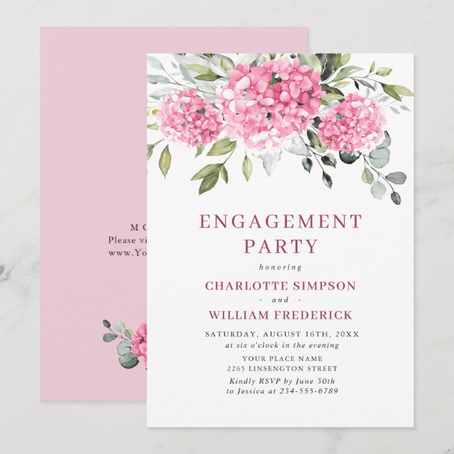 Elegant Watercolor Pink Hydrangea ENGAGEMENT PARTY Invitation (Front/Back)