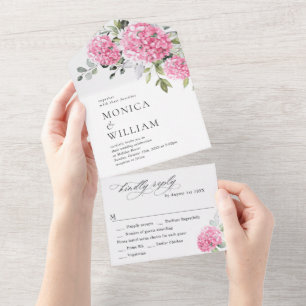 Elegant Watercolor Pink Hydrangea Floral Wedding All In One Invitation