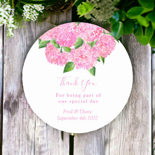 Elegant Watercolor Pink Hydrangea Floral Wedding  Classic Round Sticker