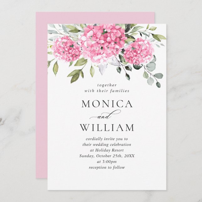 Elegant Watercolor Pink Hydrangea Floral Wedding Invitation (Front/Back)