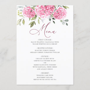 Elegant Watercolor Pink Hydrangea Floral Wedding Menu