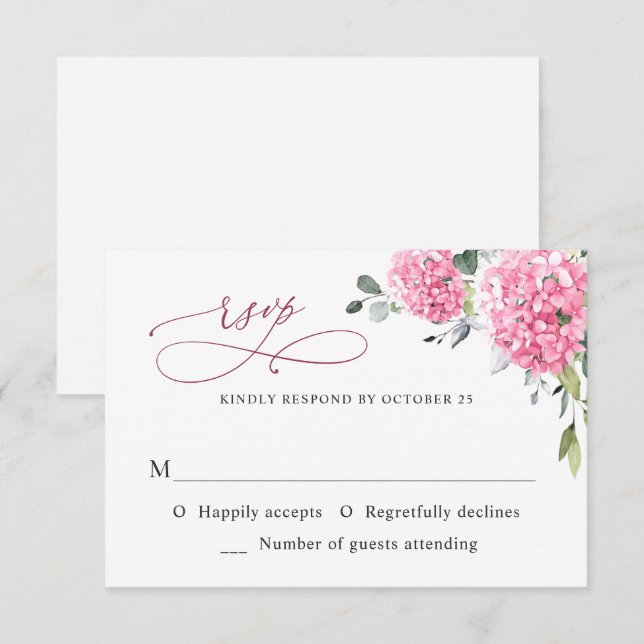 Elegant Watercolor Pink Hydrangea Floral Wedding RSVP Card (Front/Back)