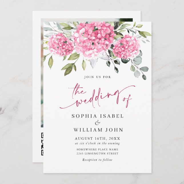 Elegant Watercolor Pink Hydrangea Photo Wedding Invitation (Front/Back)