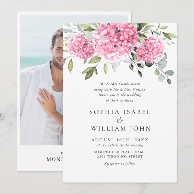 Elegant Watercolor Pink Hydrangea Photo Wedding Invitation (Front/Back)