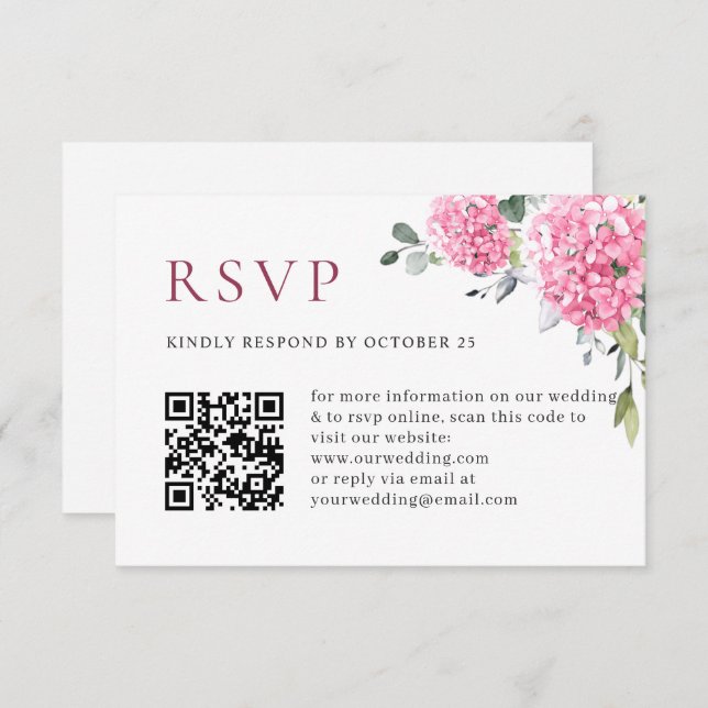Elegant Watercolor Pink Hydrangea QR code Wedding RSVP Card (Front/Back)
