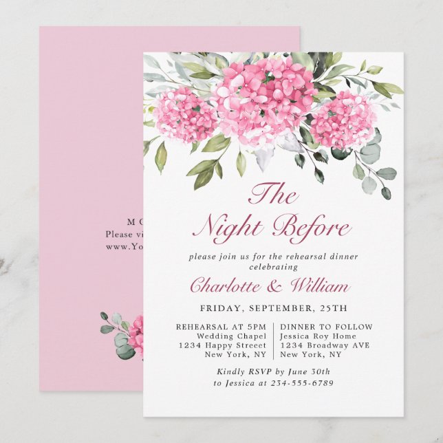 Elegant Watercolor Pink Hydrangea Rehearsal Dinner Invitation (Front/Back)