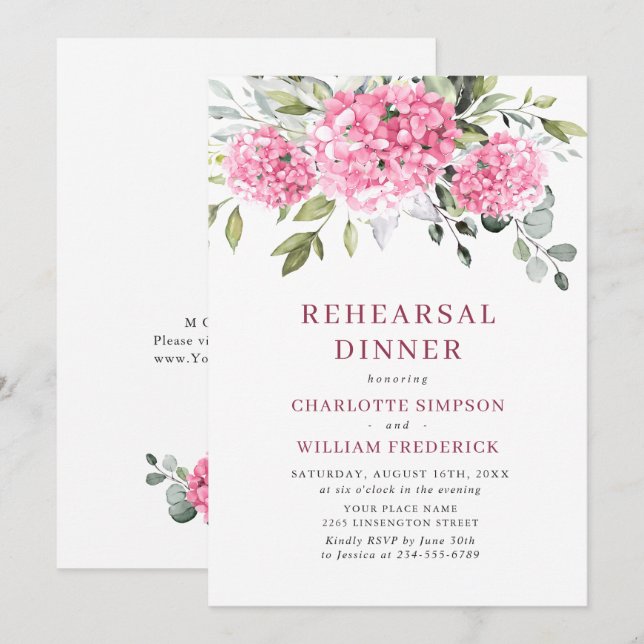 Elegant Watercolor Pink Hydrangea Rehearsal Dinner Invitation (Front/Back)
