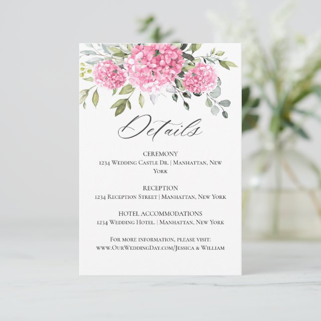 Elegant Watercolor Pink Hydrangea Wedding Details Enclosure Card (Standing Front)