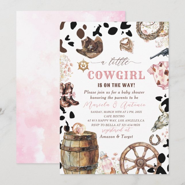 Elegant  Watercolor Pink Little Cowgirl Baby Showe Invitation (Front/Back)