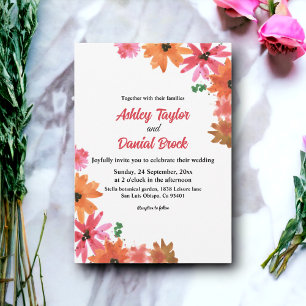 Elegant Watercolor Pink Orange Fall Floral Wedding Invitation