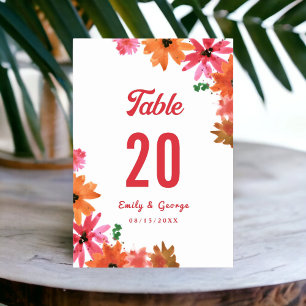 Elegant Watercolor Pink Orange Fall Floral Wedding Table Number
