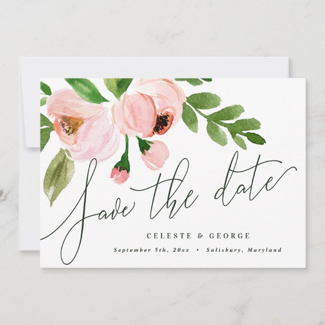 elegant watercolor pink peony save the date (Front)