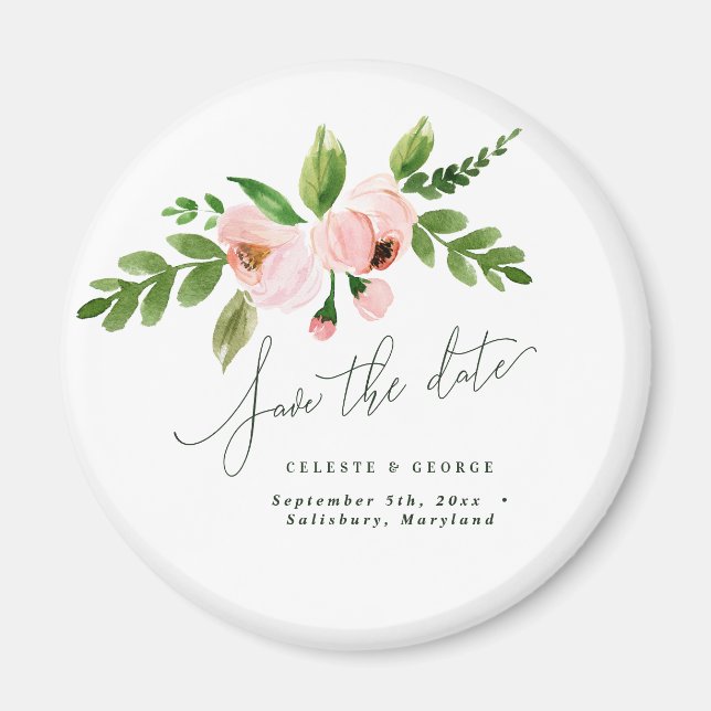 elegant watercolor pink peony save the date magnet (Front)