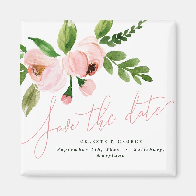 elegant watercolor pink peony save the date magnet (Front)