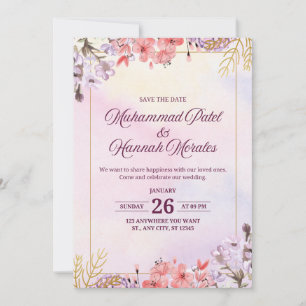 Elegant Watercolor Pink & Purple Wedding Invit Invitation