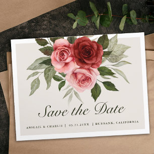 Elegant Watercolor Pink Red Roses Save The Date Announcement Postcard