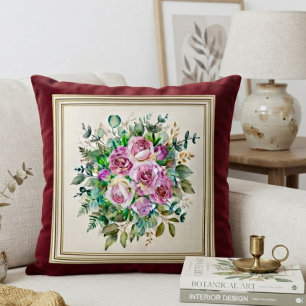 Elegant Watercolor Pink Rose Bouquet Red Cushion