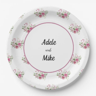 Elegant Watercolor Pink Rose Bouquet Wedding Paper Plate