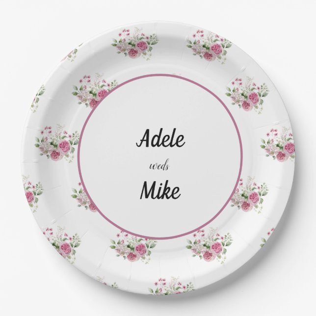 Elegant Watercolor Pink Rose Bouquet Wedding Paper Plate (Front)