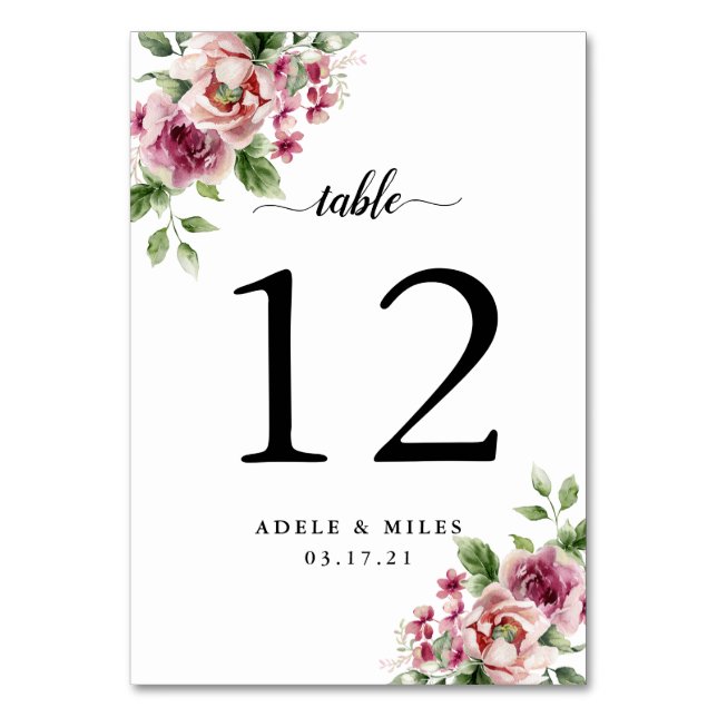 Elegant Watercolor Pink Rose Bouquet Wedding Table Number (Front)