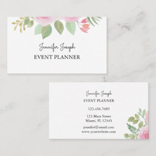 Elegant Watercolor Pink Rose Floral Event Planner Business Card