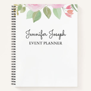 Elegant Watercolor Pink Rose Floral Event Planner Notebook