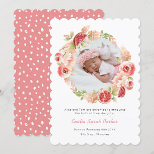 Elegant Watercolor Pink Rose Floral Photo Birth Announcement