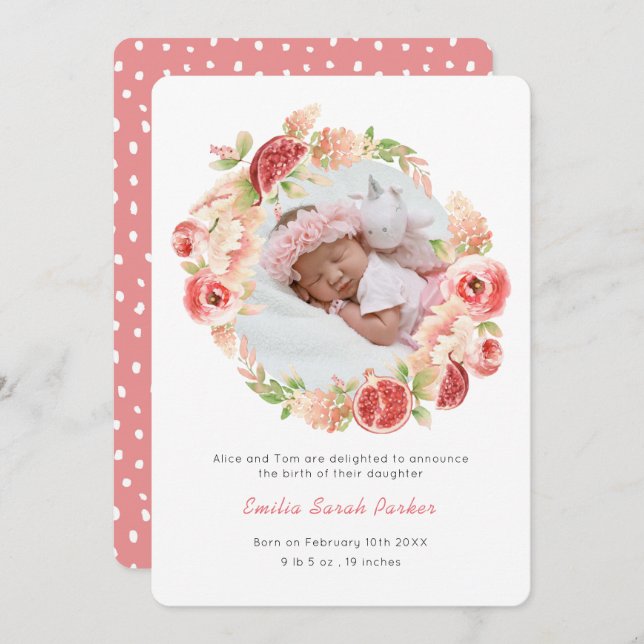Elegant Watercolor Pink Rose Floral Photo Birth Announcement (Front/Back)