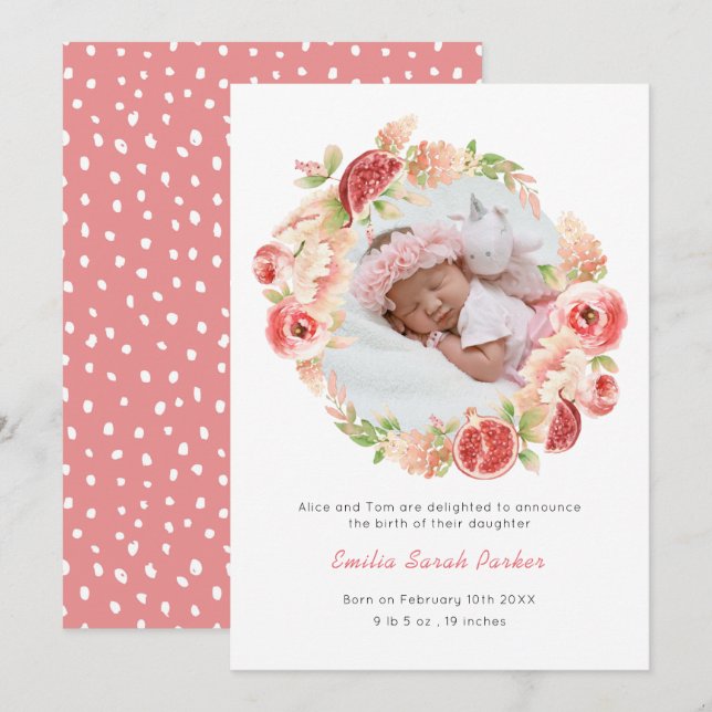 Elegant Watercolor Pink Rose Floral Photo Birth Announcement (Front/Back)
