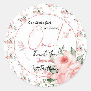 Elegant Watercolor Pink Rose Girl 1st Birthday Classic Round Sticker