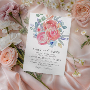 Elegant Watercolor Pink Roses & Eucalyptus Wedding Invitation