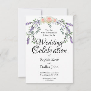 Elegant watercolor pink roses Lavender Wedding Invitation