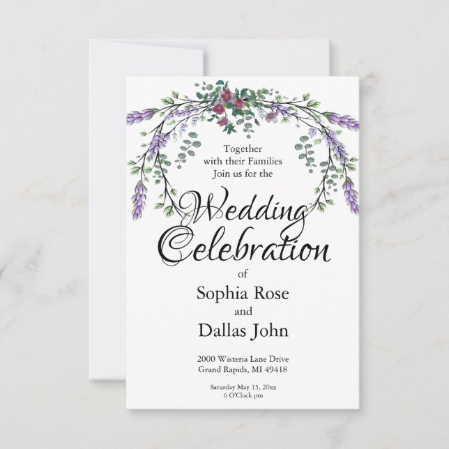 Elegant watercolor pink roses Lavender Wedding Invitation (Front)