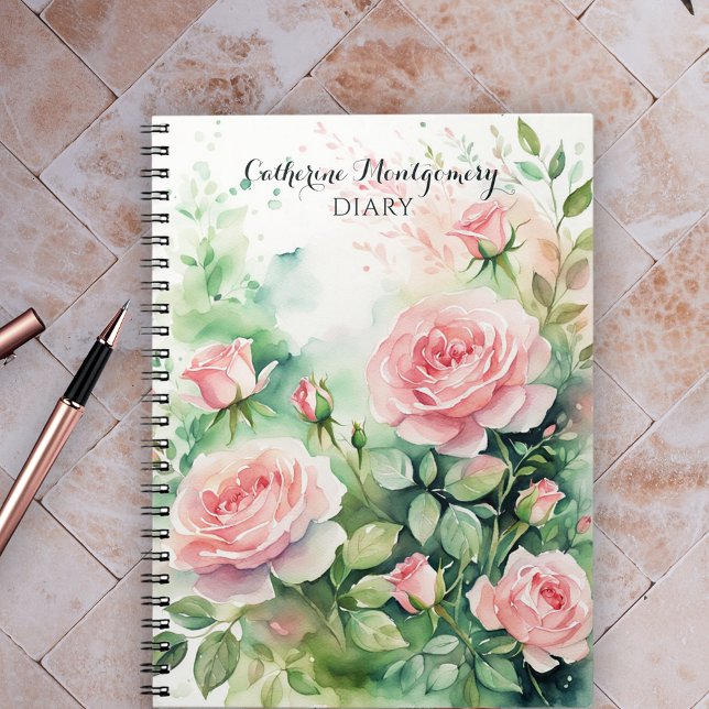 Elegant Watercolor Pink Roses with Green Leaves Notebook (Creator Uploaded)