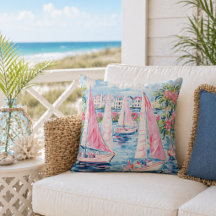 Elegant Watercolor Pink Sailboats Tropical Coastal