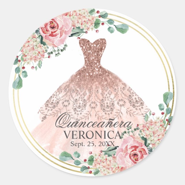 Elegant Watercolor Pink Spanish Quinceañera Quince Classic Round Sticker (Front)