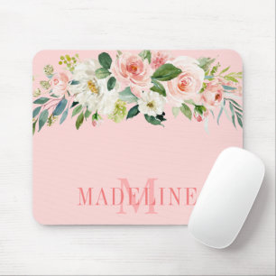 Elegant Watercolor Pink White Floral Monogram Mouse Mat