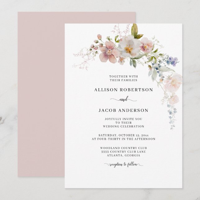 Elegant Watercolor Pink Wildflower Floral Wedding Invitation (Front/Back)