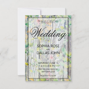 Elegant watercolor pink wildflowers barnwood invitation