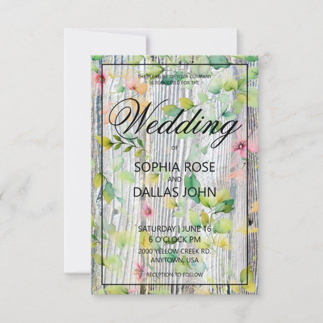 Elegant watercolor pink wildflowers rustic wedding invitation (Front)