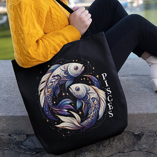 Elegant Watercolor Pisces Zodiac Black Tote Bag